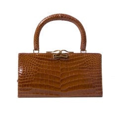 DELVAUX Tan croco patent leather handbag