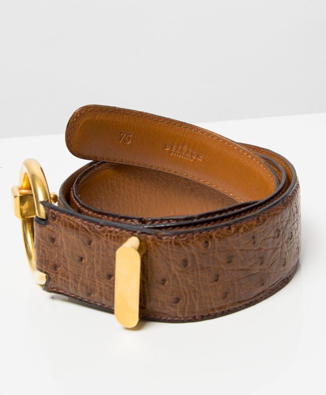 Delvaux Brown/Cognac Ostrich Belt In Good Condition In Antwerp, BE