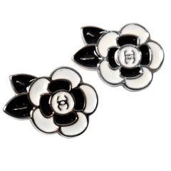 Chanel Black and White Flower Clip Earrings
