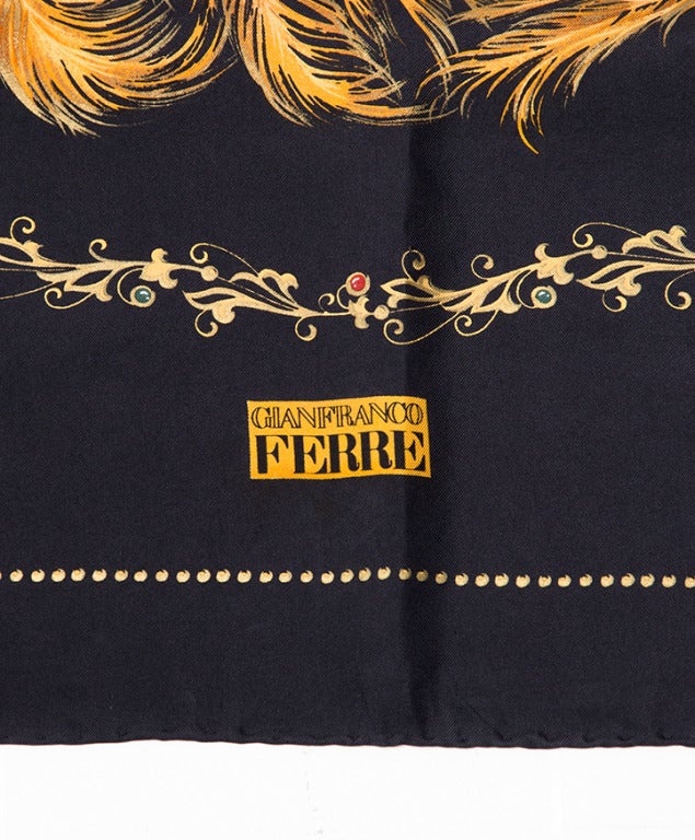 Black silk scarf by Gianfranco Ferre. With golden yellow cockfight theme.
