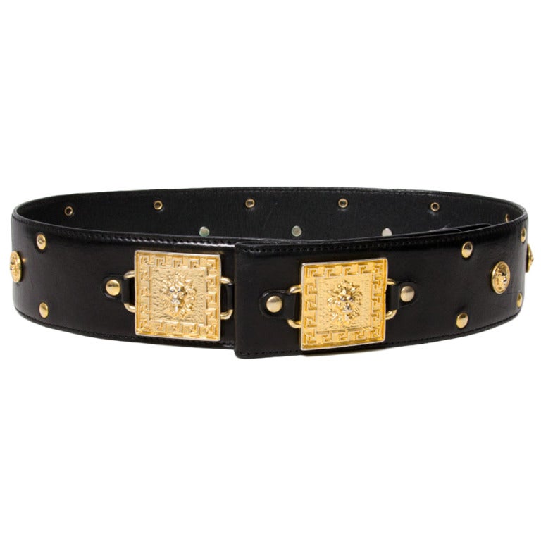 Versace Black leather belt with gold lions head