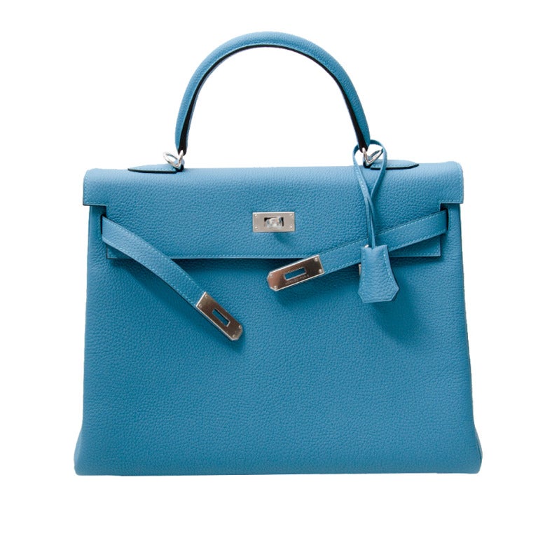 BRAND NEW Hermes Kelly Retourne Veau Togo Paladium Turquoise 35cm