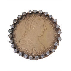 Joseff Coin Brooch with Rhinestone Surround