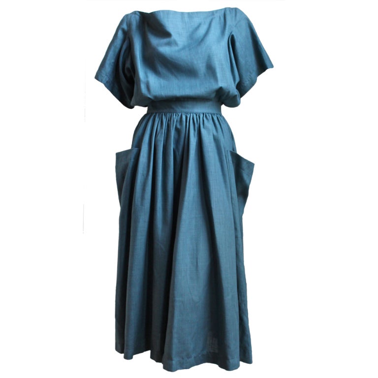 1980's AZZEDINE ALAIA turquoise linen dress with cut out back For Sale