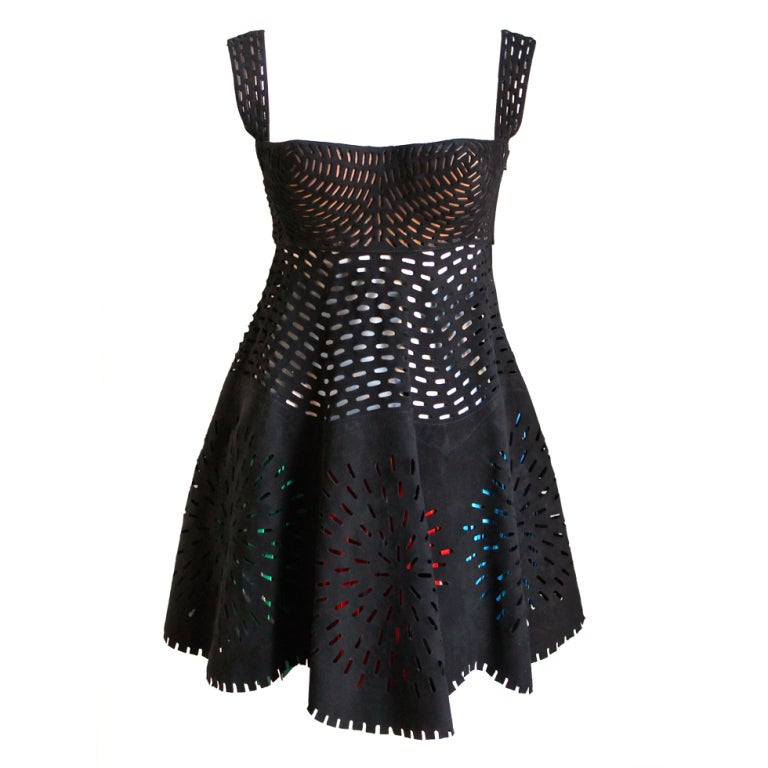 AZZEDINE ALAIA suede laser cut dress with colored fringe
