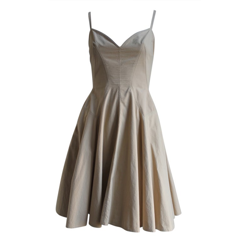 AZZEDINE ALAIA tan cotton seamed dress with full skirt