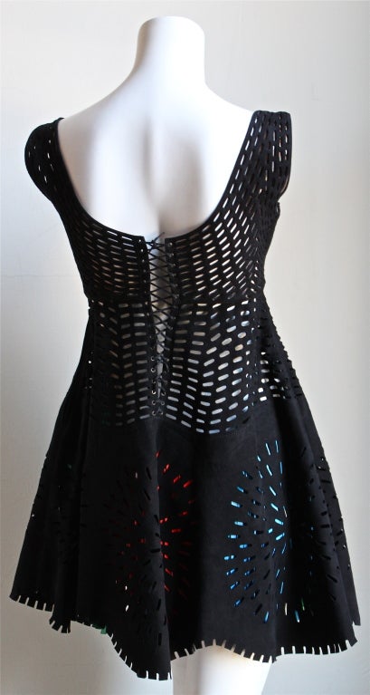 AZZEDINE ALAIA suede laser cut dress with colored fringe 1