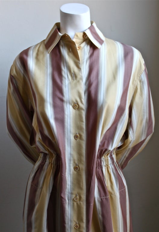 Very rare striped shirt dress with fabric inspired by the city of Tuscania, Italy designed by Azzedine Alaia dating to 1992. Slits at sides (slip may be required). Fits a size 6-10. Made in France. Excellent condition.