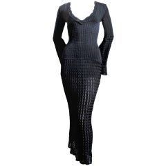 Azzedine Alaia black open knit long dress with bell sleeves