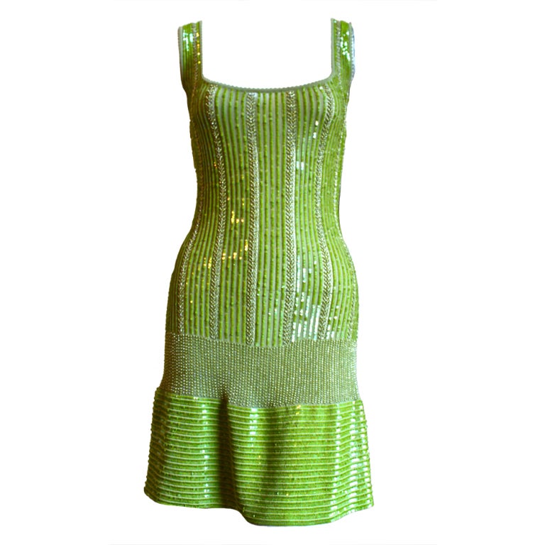 AZZEDINE ALAIA chartreuse green beaded and sequined dress