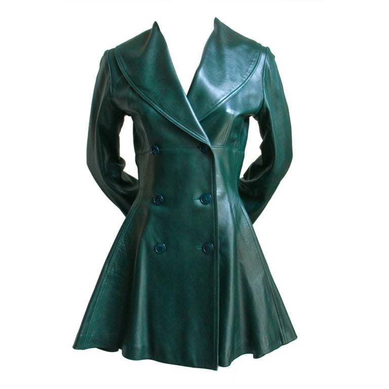 AZZEDINE ALAIA emerald green leather coat with peplum at 1stDibs