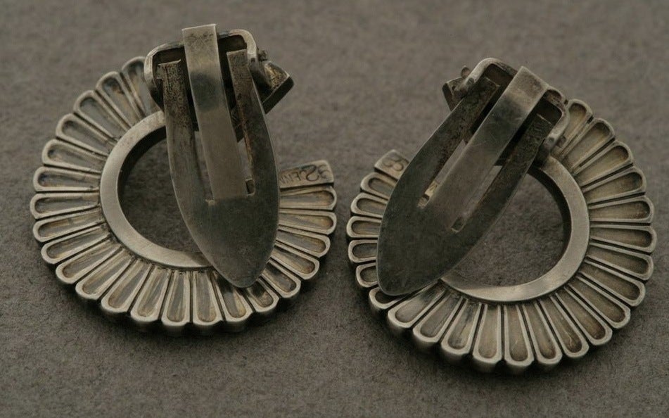 Georg Jensen sterling silver art deco earrings, no. 92 designed by Jorgen Jensen. 
Circa 1940's. Clip on back. No longer in production. Denmark