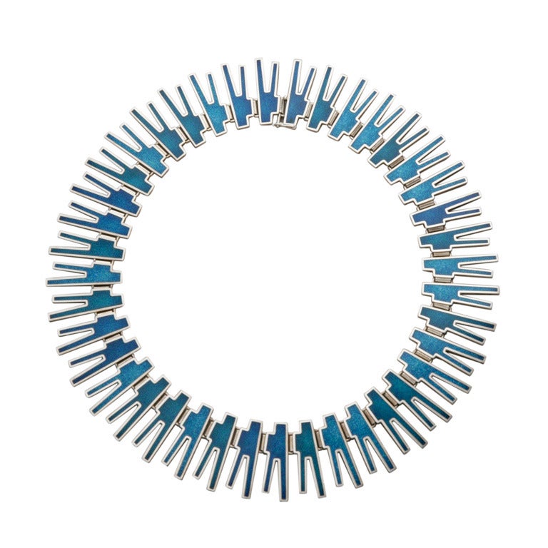 Georg Jensen Peacock Blue Colored Enamel Necklace by Bente Bonne No. 120
