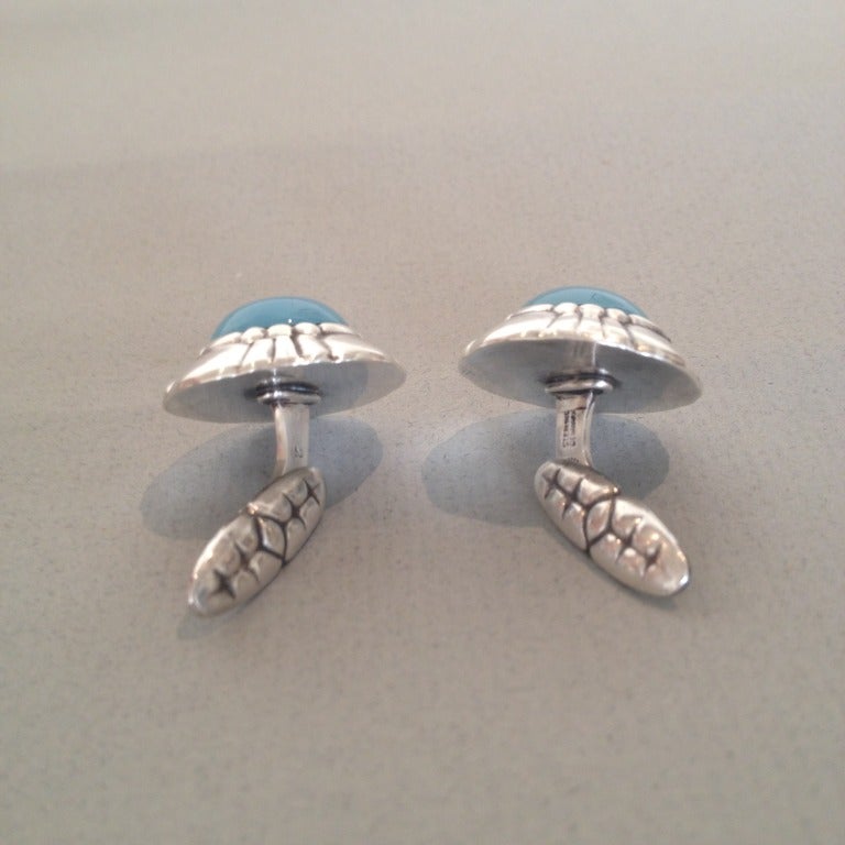 Georg Jensen cufflinks with stunning blue chalcedony stones. Very rare. 
Post-1945, Denmark. Sterling silver, excellent condition.