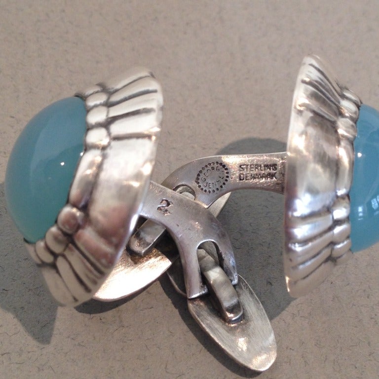 Art Nouveau Georg Jensen Large Cufflinks with Blue Chalcedony No. 2 For Sale