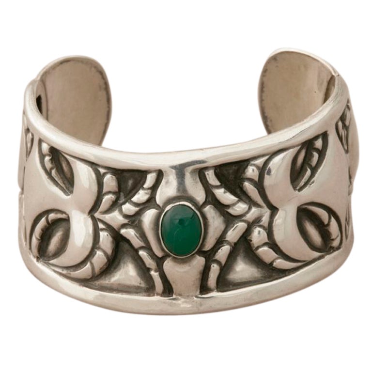 Georg Jensen 826 Silver One of a Kind Cuff Bracelet with Chrysoprase For Sale