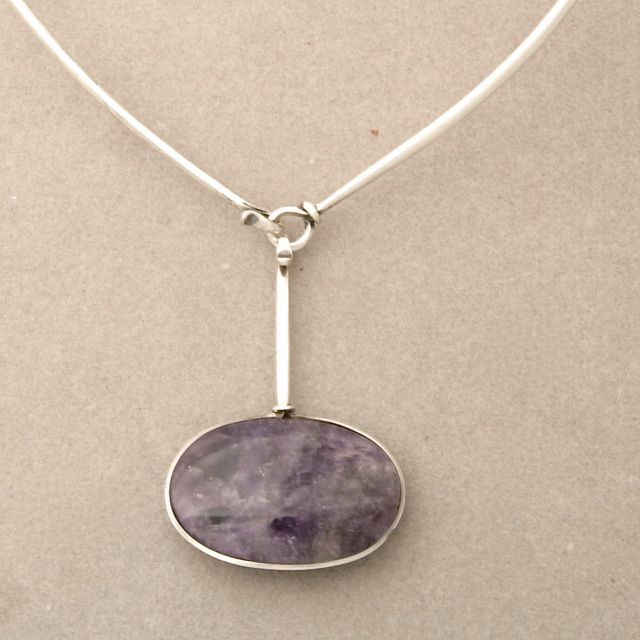 Georg Jensen sterling neck ring (no 174) with rare amethyst pendant (no 133), designed by Torun ca 1970's