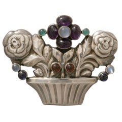 Georg Jensen  Rare Basket Brooch No. 67 With Colored Stones