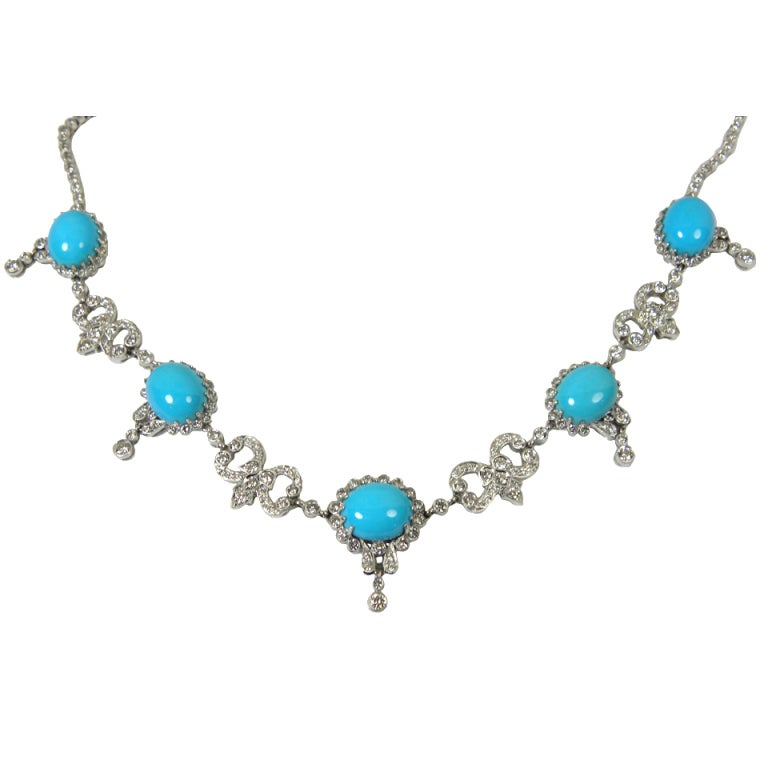 White Gold and Persian Turquoise Necklace For Sale