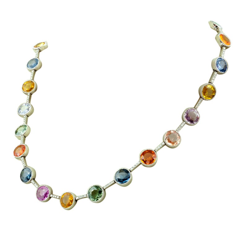 Multi-colored sapphire and diamond necklace For Sale