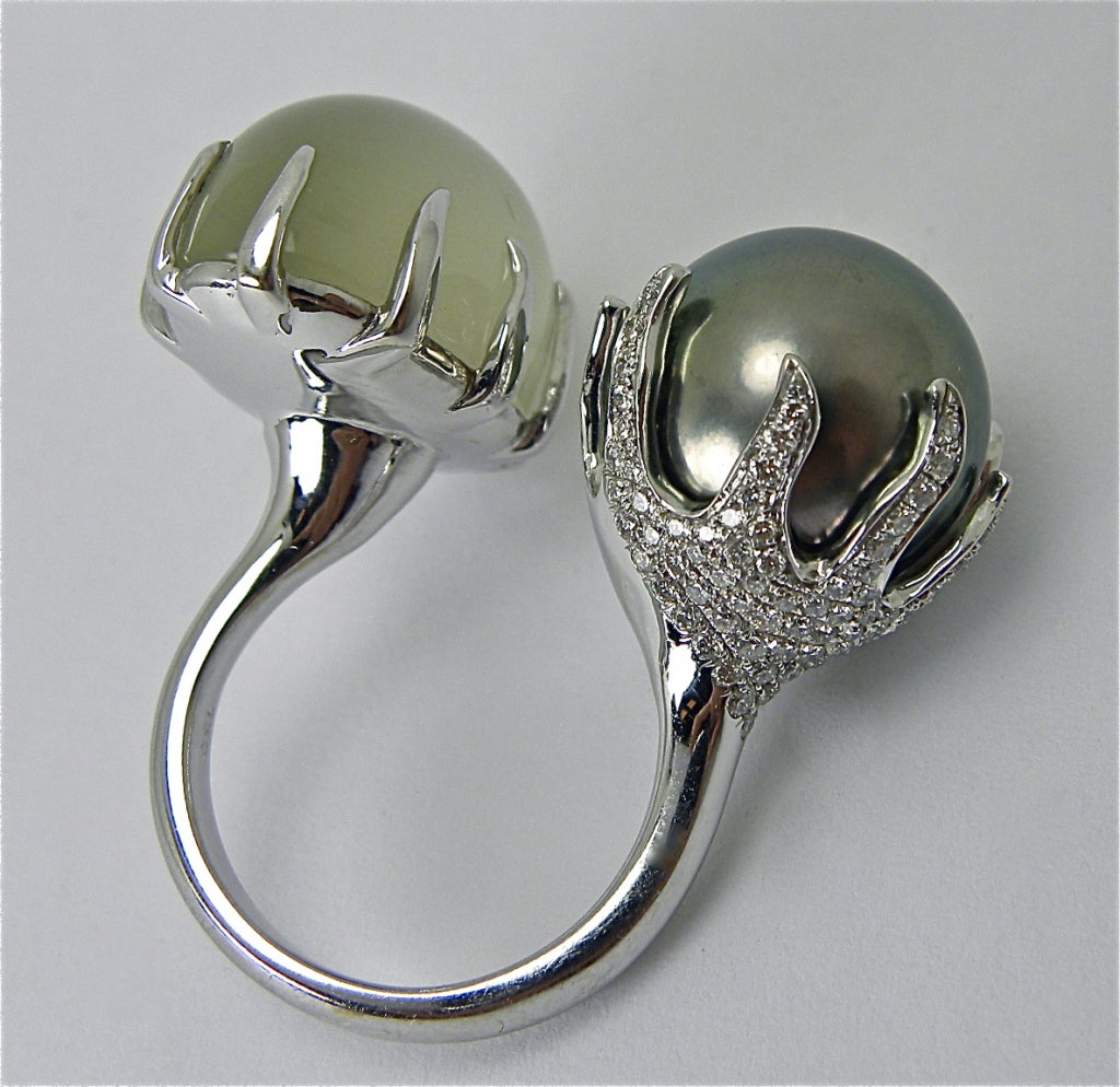 Moonstone and Tahitian pearl ring