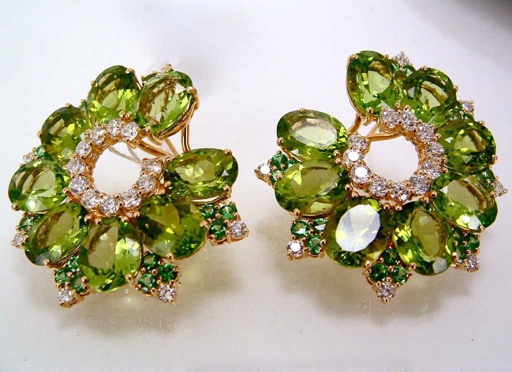 18K Peridot, Tsavorite and Diamond Earrings. Peridots- 44.05, Diamonds- 2.54, Tsavorite- 2.70c