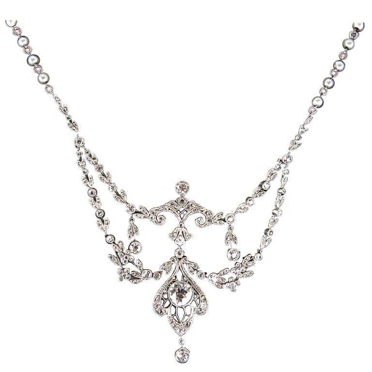 Victorian Platinum, Pearl and Diamond Necklace For Sale at 1stDibs