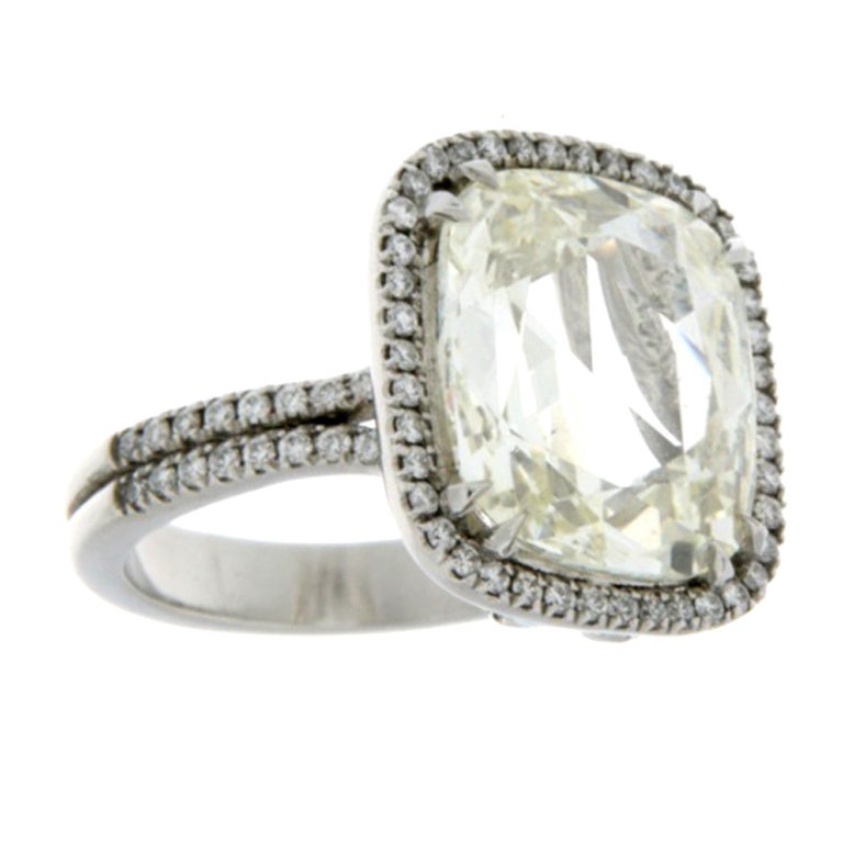 Elegant Cushion Cut Diamond with Pave Halo Platinum Ring For Sale