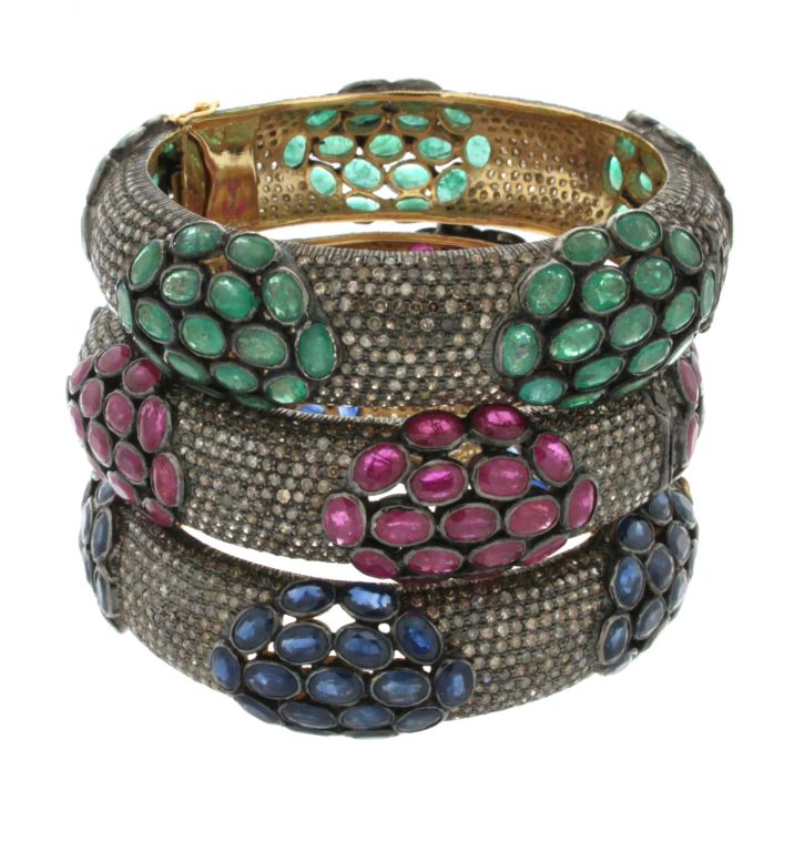 Emerald and Pave Diamond Cluster Bangle