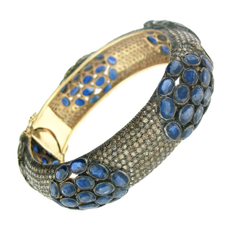 Sapphire and Pave Diamond Cluster Bangle For Sale