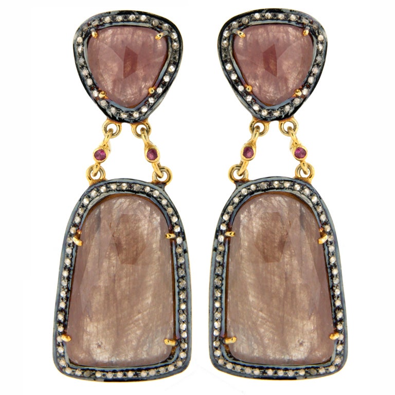 Pave Diamond Sapphire Slice Earrings For Sale