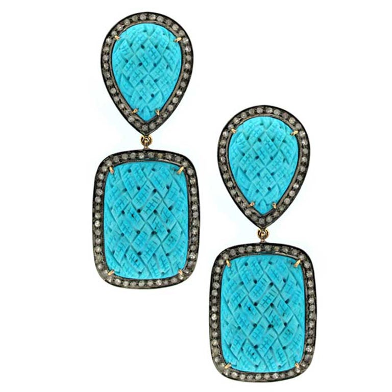 Diamond and Etched Turquoise Double Drop Earrings For Sale