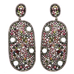 Scattered Diamond and Tourmaline Long Oval Earrings