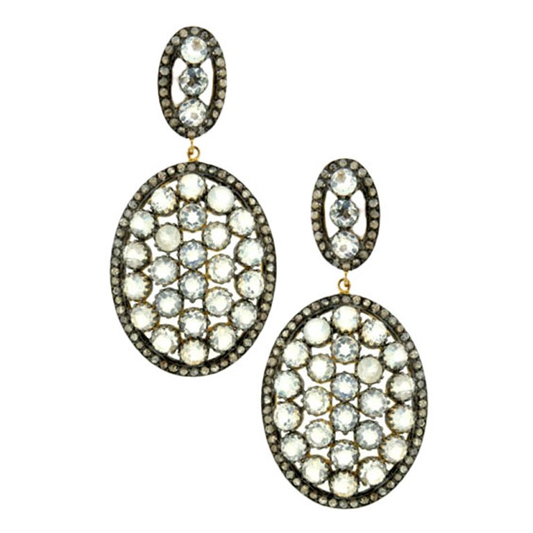 Diamond and Moonstone Small Oval Drop Earrings For Sale at 1stDibs
