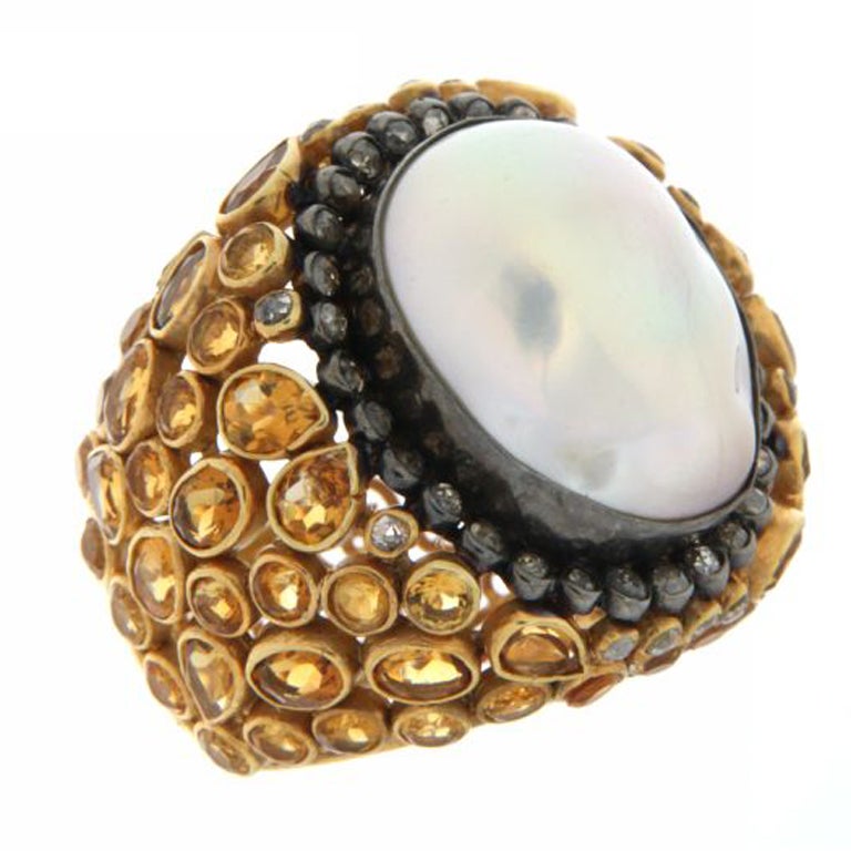 Bezel Set Citrine, Diamond and Pearl Cocktail Ring For Sale