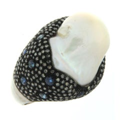 Pave Diamond Sapphire and Pearl Cocktail Ring