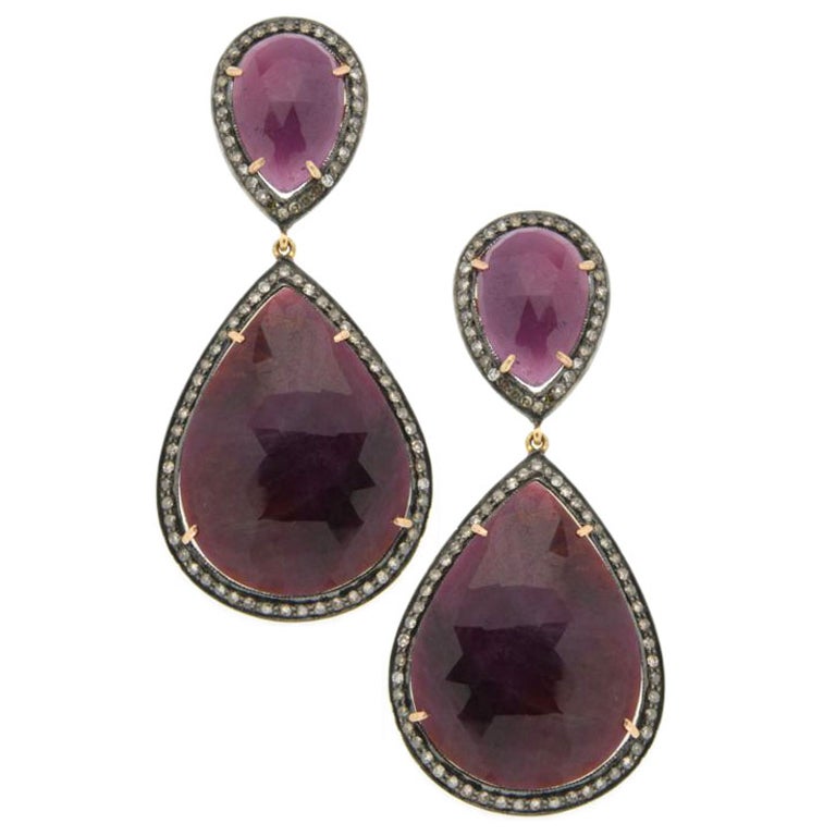 Diamond Frame Pink Sapphire Teardrop Earrings For Sale