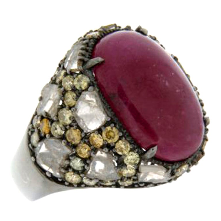 Diamond and Diamond Slice with Oval Ruby  Ring For Sale