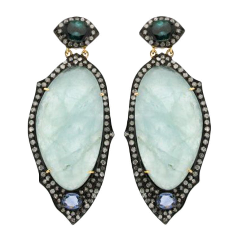 Diamond and Aquamarine Drop Earrings For Sale