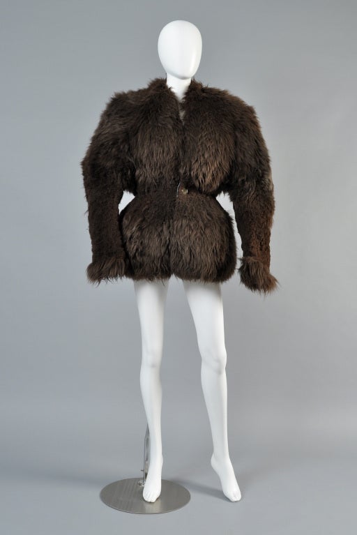 Extremely, extremely rare early Rick Owens shearling fur coat, circa 1999/2000. Made entirely of dense, hand sculpted + hand sheared sheep fur. Amazing sculpted hourglass shape with sheared arms + tufted elbows! Single button closure. Extremely