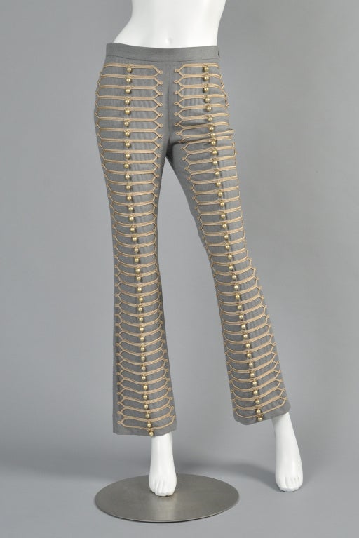 Incredible Moschino grey wool military-style pants. Gold embroidered loops with real bells!