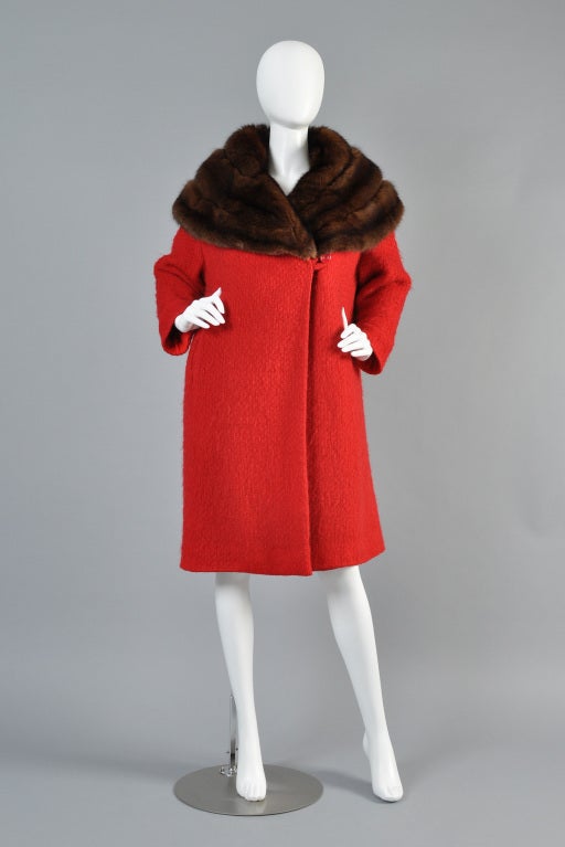 Spectacular + ridiculously rare 1950s/early 60s Hattie Carnegie wool + Russian sable coat. Bright cherry red nubby wool with sleek straight cut + MASSIVE stole-like natural sable shawl collar. Extremely high quality dark sable with silver tips.