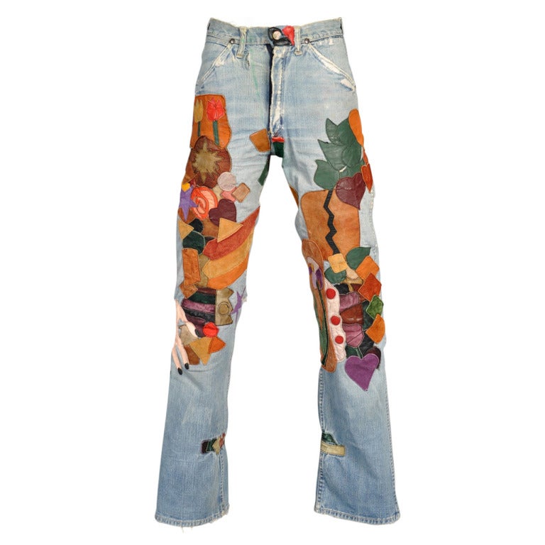 1960s Custom Patchwork Leather Wrangler Jeans