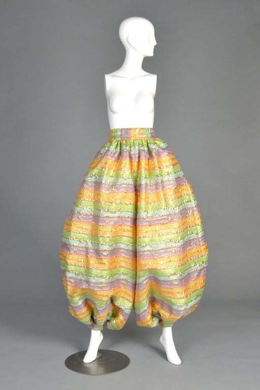 Spectacular 1960s Adolfo brocade balloon pants. Ultra high waist with pale rainbow stripes + lurex threads running throughout. Gathered ankles and massive ballooned legs. Excellent  condition and truly looks unworn!