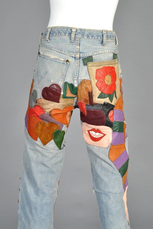 1960s Custom Patchwork Leather Wrangler Jeans In Good Condition In Yucca Valley, CA