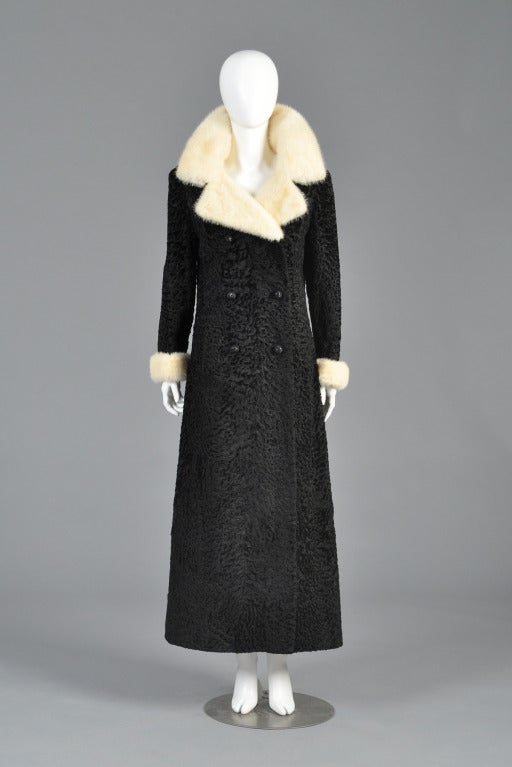 Spectacular 1960s broadtail and mink fur coat. AMAZING piece. Broadtail lamb is a member of the karakul sheep family and is the most highly valued + coveted fur, well above the more common persian lamb variety. Hard to find ultra long maxi length.