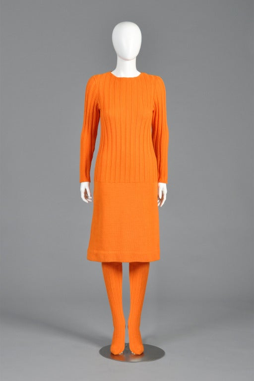 Lovely 1960s Rudi Gernreich for Harmon orange wool dress + stocking ensemble. Absolutely awesome, hard to find piece! Rib knit fitted body with flared skirt + matching cable knit thigh-high stockings. Pristine vintage condition - no rips, tears,