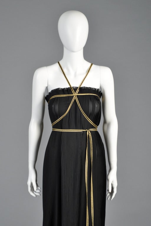 1970s Valentino Black + Gold Pleated Column Gown In Excellent Condition In Yucca Valley, CA
