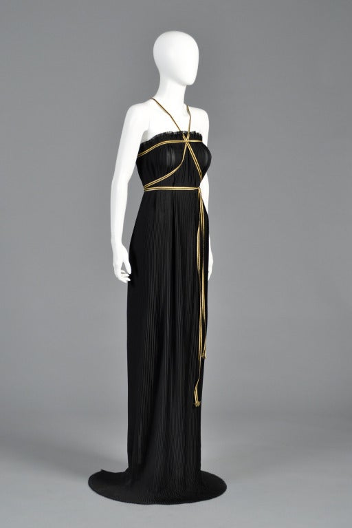 Women's 1970s Valentino Black + Gold Pleated Column Gown