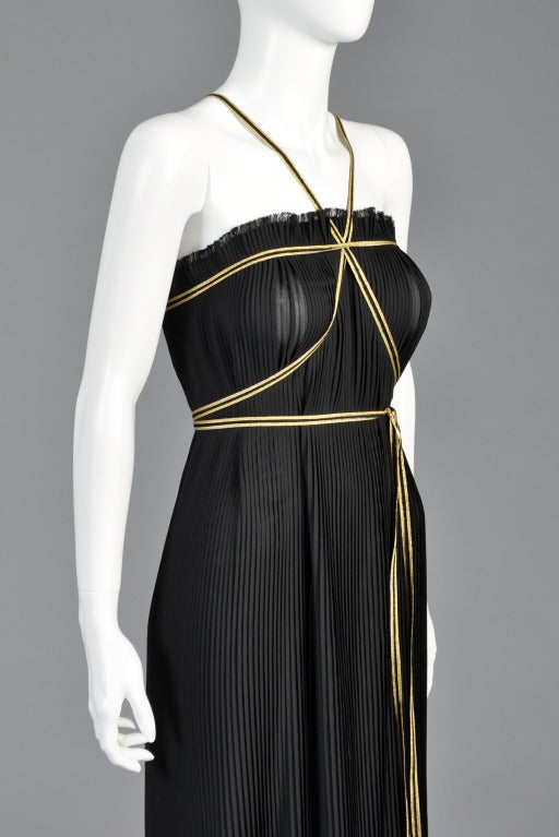 1970s Valentino Black + Gold Pleated Column Gown 1